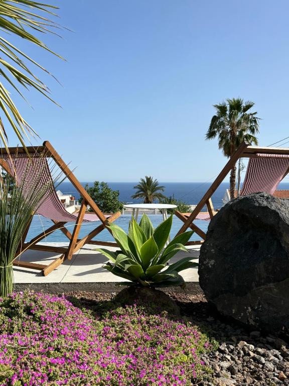 7 Best Hotels in the Aeolian Islands 11 Two wooden lounge chairs face an infinity pool with a view of the ocean, reminiscent of luxury hotels in the Aeolian Islands. Palm trees, green plants, and purple flowers decorate the foreground under a clear blue sky.