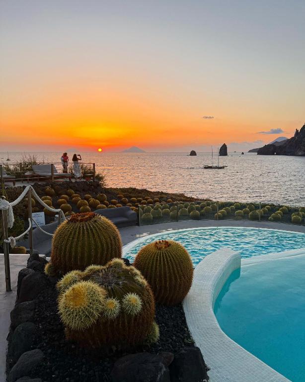 7 Best Hotels in the Aeolian Islands 18 A vibrant sunset over the ocean, with a curved pool in the foreground at one of the charming hotels in the Aeolian Islands. Large round cacti add flair as two people stand by a fence, enjoying the scenic coastal view and distant boats.