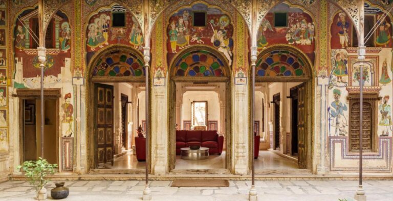 restored traditional entrance at vivaana culture hotel, one of the most unique hotels in mandawa, rajasthan, india