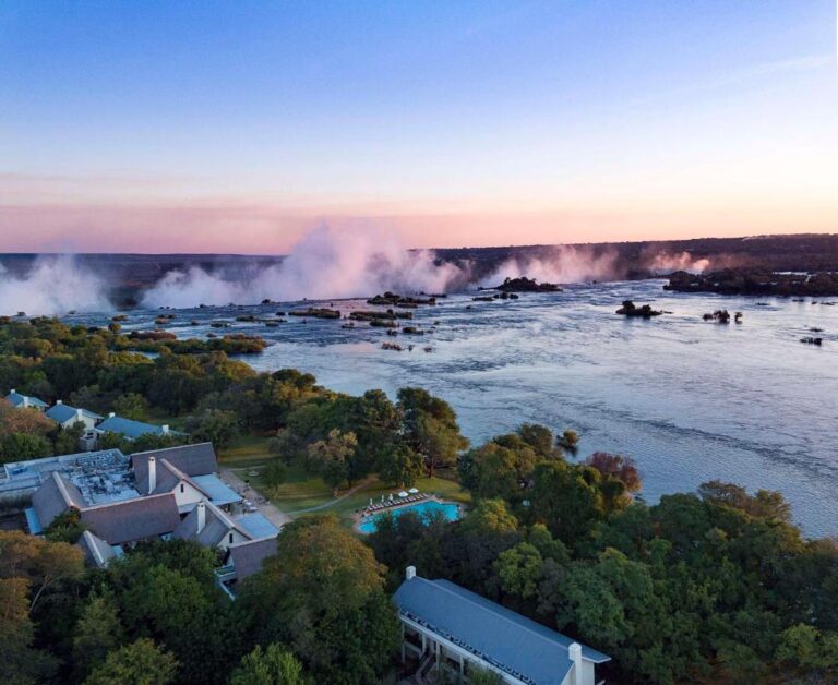 sky view at sunset time of royal livingstone luxury hotel, one of the best hotels in victoria falls, zambia