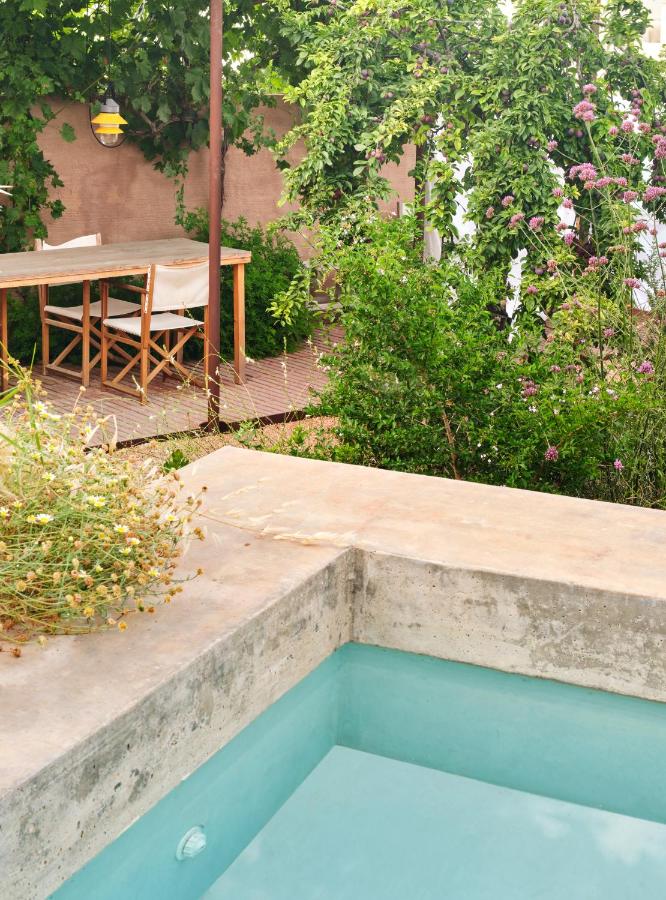 Unique Boutique Hotels in Menorca 37 A small pool with clear blue water sits in the foreground, surrounded by stone—reminiscent of the tranquil retreats at boutique hotels in Menorca. In the background, a wooden dining table is set among lush plants, flowering bushes, and a wall lamp.