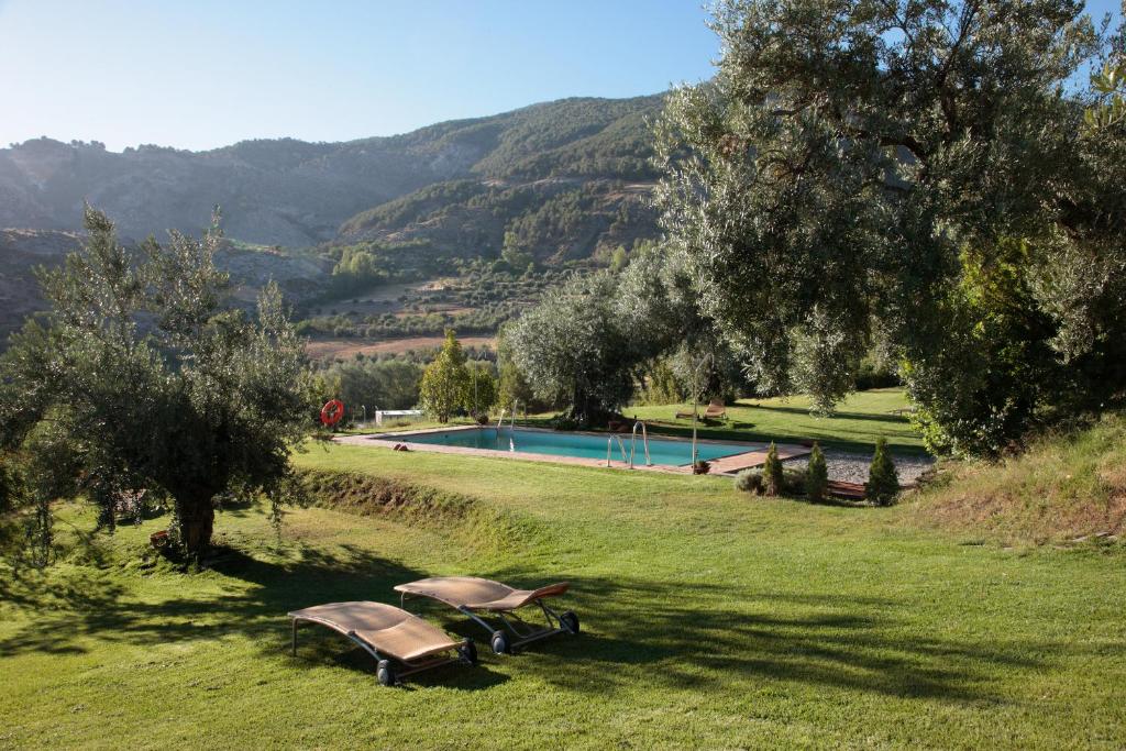 TOP 10 Luxury Hotels in Andalucía 27 A grassy lawn with two lounge chairs faces a rectangular outdoor swimming pool, surrounded by trees and overlooking rolling hills under a clear, blue sky—an idyllic scene found at luxury hotels in Andalucía.