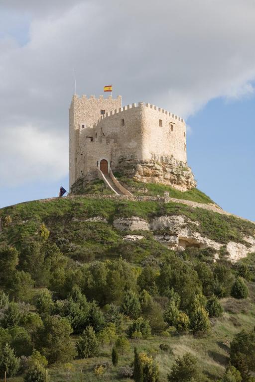4 Best Hotels in Ribera del Duero, Spain 22 A stone castle with a Spanish flag stands atop a grassy hill, surrounded by trees, under a partly cloudy sky—evoking the historic charm of hotels in Ribera del Duero.