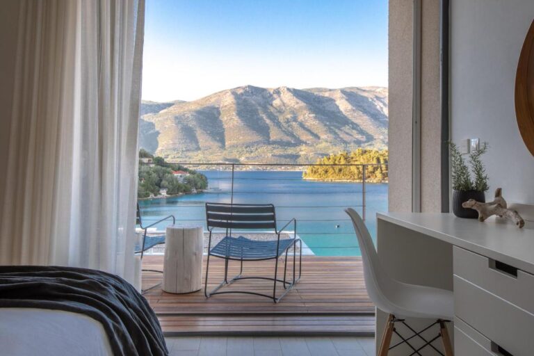 view of the sea and mountains from room at taras lodge hotel, one of the best boutique hotels in korcula island, croatia