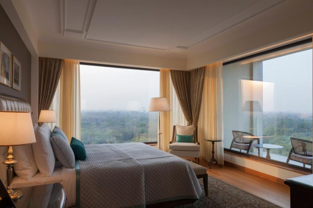 double room with views at the oberoi hotel, one of the best boutique hotels in new delhi india