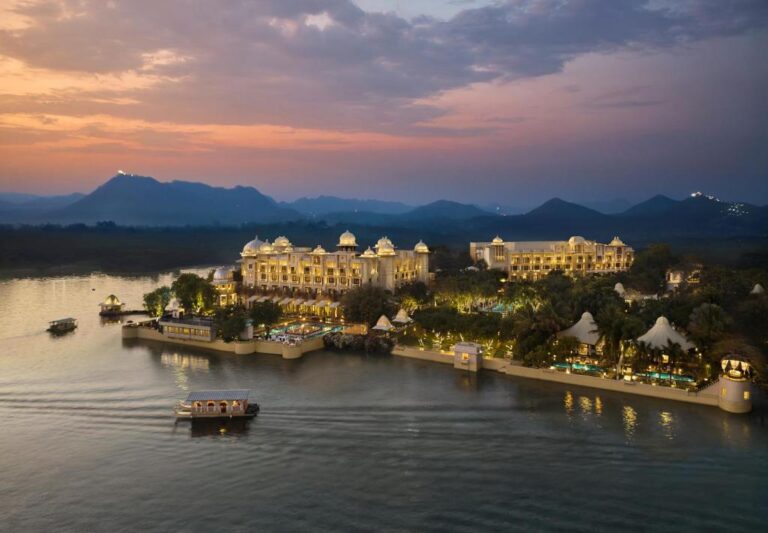 sky view at sunset luxury hotel The Leela Palace, one of the most unique heritage hotels in Udaipur