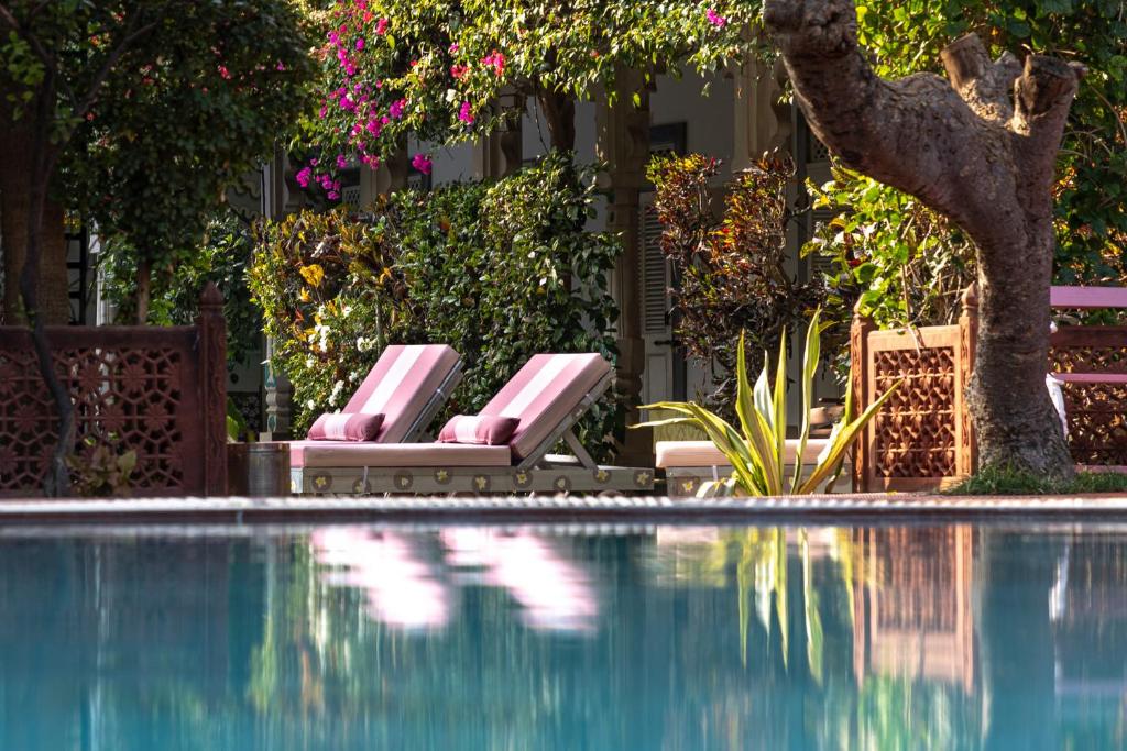 9 Iconic Heritage Hotels in Udaipur 16 Two pink-cushioned lounge chairs sit side by side by a pool, surrounded by lush greenery and blooming flowers, evoking the serene ambiance often found at heritage hotels in Udaipur.