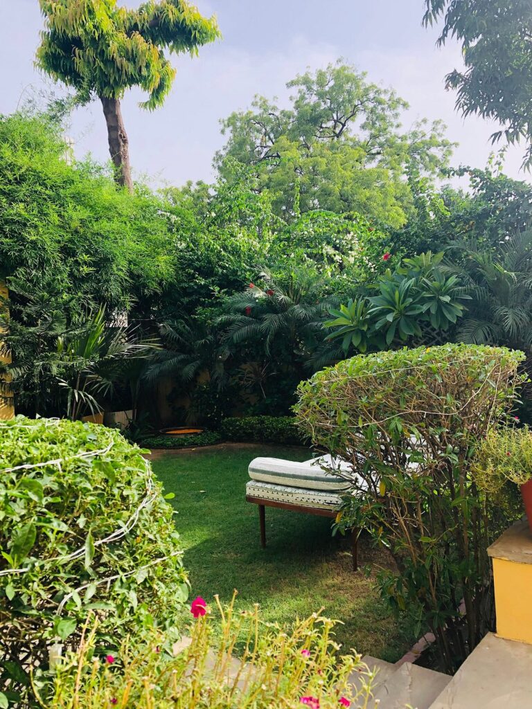 12 BEST Boutique Hotels in Jaipur 34 A lush green garden with manicured bushes and tall trees, featuring a bed with white and green bedding placed on the grass near the center, under bright daylight—reminiscent of serene boutique hotels in Jaipur.