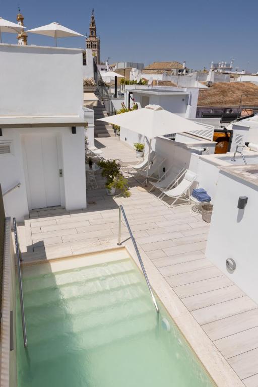Rooftop terrace with a small pool, white lounge chairs, potted plants, and light wooden flooring—an inviting retreat reminiscent of the style found in boutique hotels in Seville. City rooftops and a tall historic tower are visible in the background under a clear blue sky.
